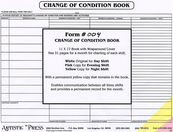 24 Hour Change of Condition Book - 4 Part NCR  # 004