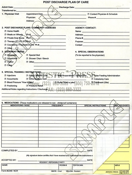 Post Discharge Plan of Care - 2 Part NCR # 2349