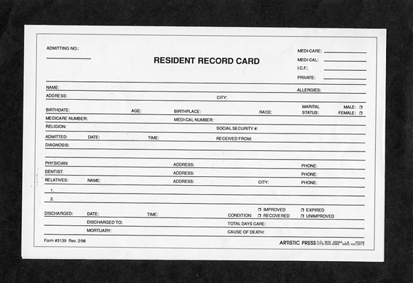 Residents Record Card  # 3139