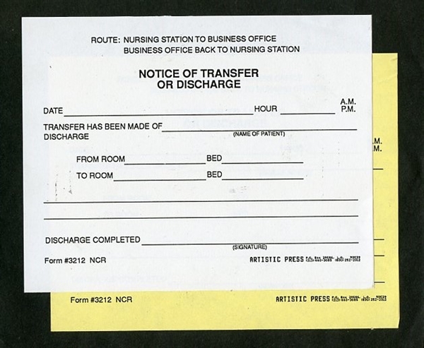 Notice of Transfer or Discharge - 2 Part NCR  # 3212