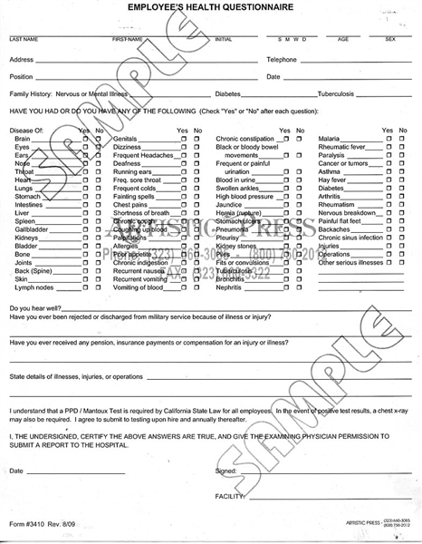 Employee Health Questionnaire / Examination # 3410-2