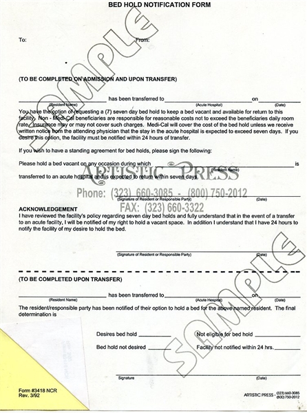 Bedhold Notifcation Form - 2 Part NCR  #3418-NCR