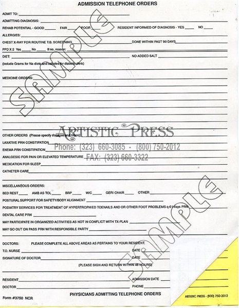 Admission Telephone Orders - 2 Part NCR # 3750
