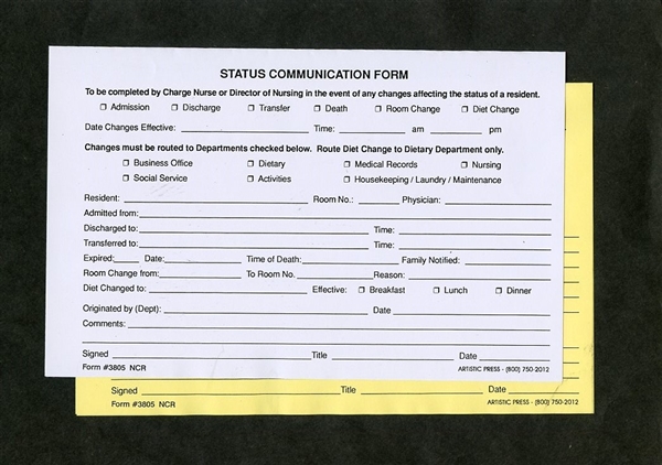 Status Communication Form - 2 Part NCR # 3805
