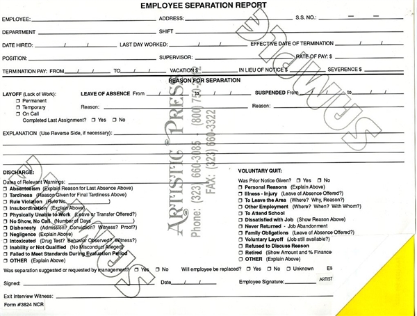 Employee Separation Report - 2 Part NCR  #3824