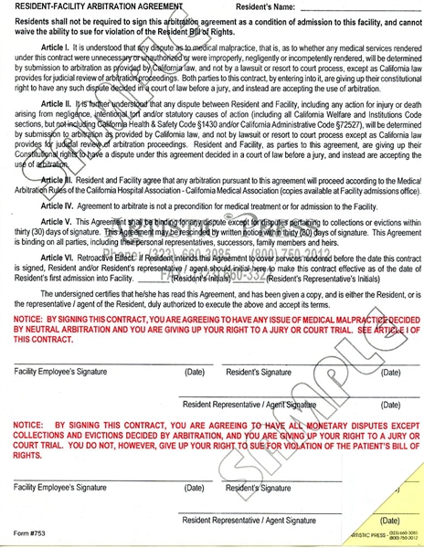 Resident- Facility Arbitration Agreement - 2 Part NCR #753